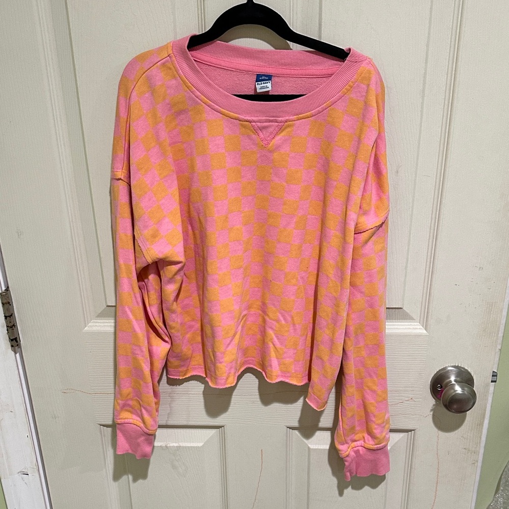 Old Navy Pink and Orange Plaid Sweatshirt